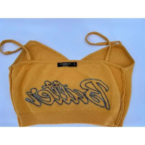 BTS Yellow Cropped Sweater Tank Top Embroidered "Butter" Women’s SMALL EUC - Picture 6 of 11